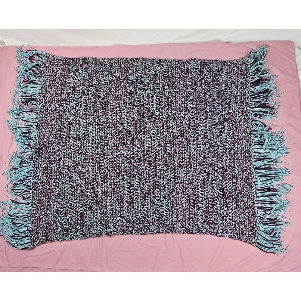 Handmade Crochet Blanket Throw Burgundy Teal Fringe Cozy Afghan‎ Home Decor Gift